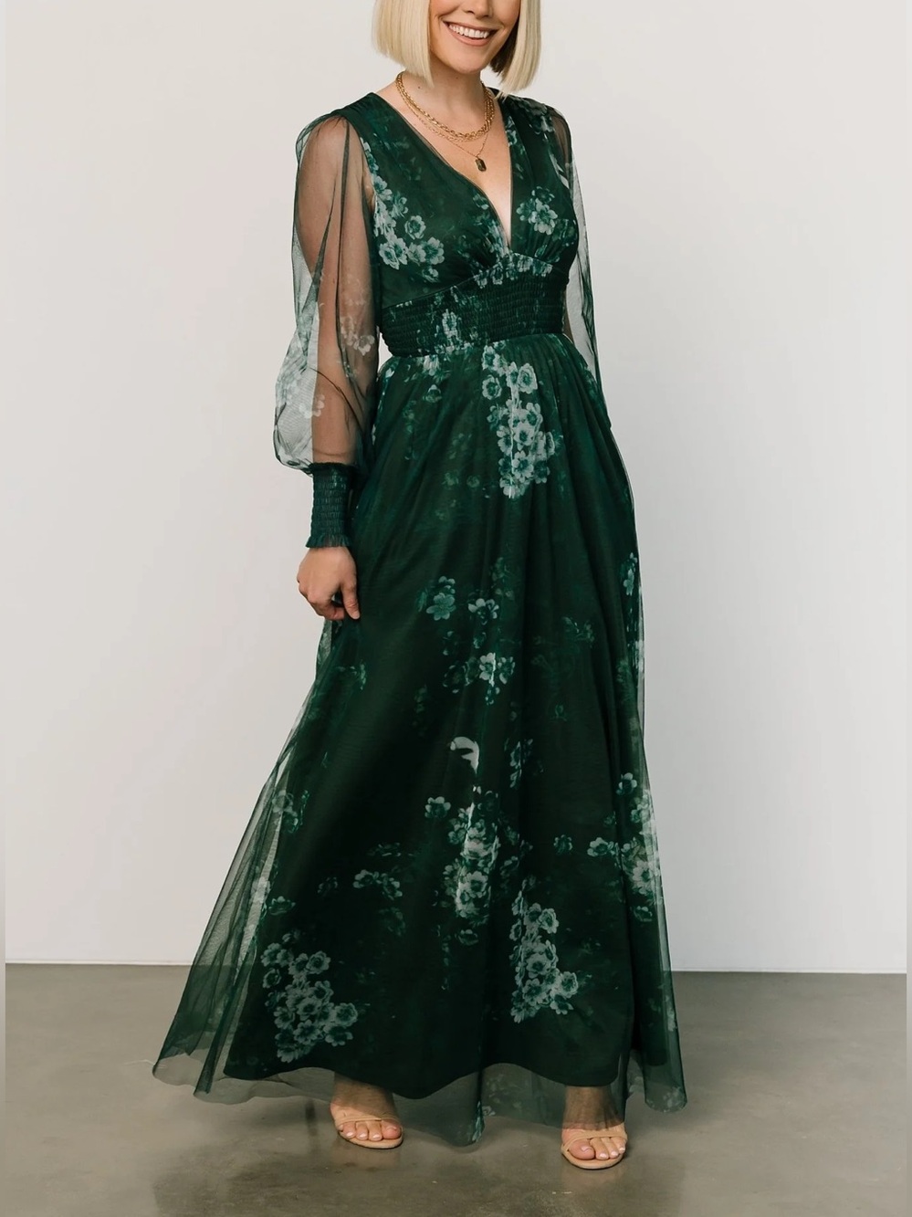 Baltic Born Layla Tulle Maxi Dress Long Sleeve Floral Print Green XL Wedding